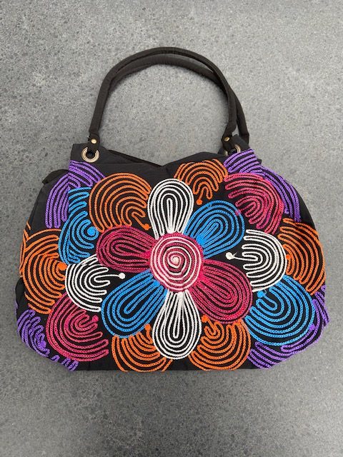 Schoudertas katoen gekleurd geborduurd rits gevoerd