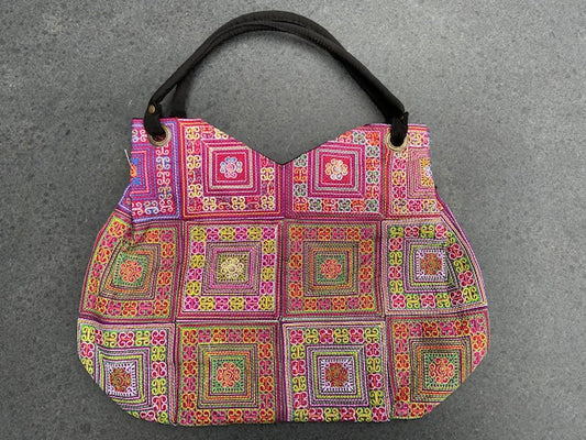 Schoudertas katoen gekleurd geborduurd rits gevoerd