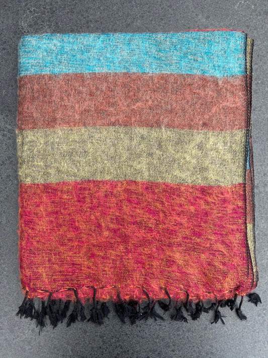 Sjaal van Yakwol Jak wol Yak wollen handgemaakt dames Himalaya Nepal gestreept rood geel blauw bruin